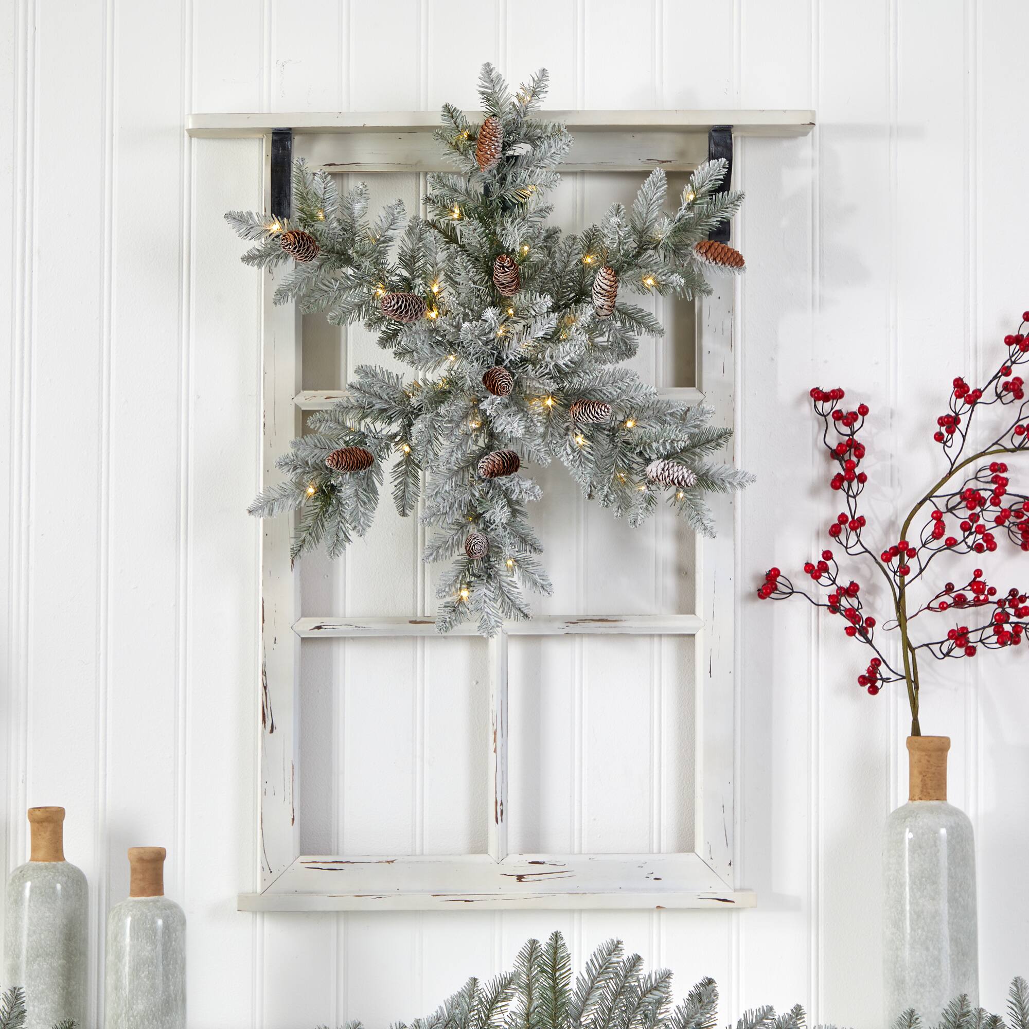 30" Pre-Lit Flocked Snowflake Artificial Dunhill Fir Wreath With Pinecones